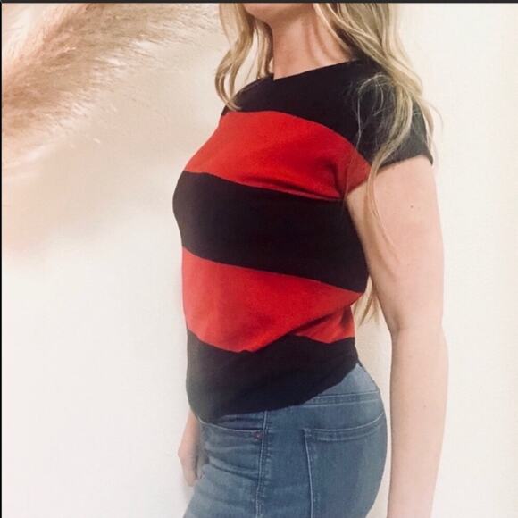 NEW PHILOSOPHY Short Sleeve Red Navy Blue Wide Striped Zipper Back Sweater M - Picture 3 of 6